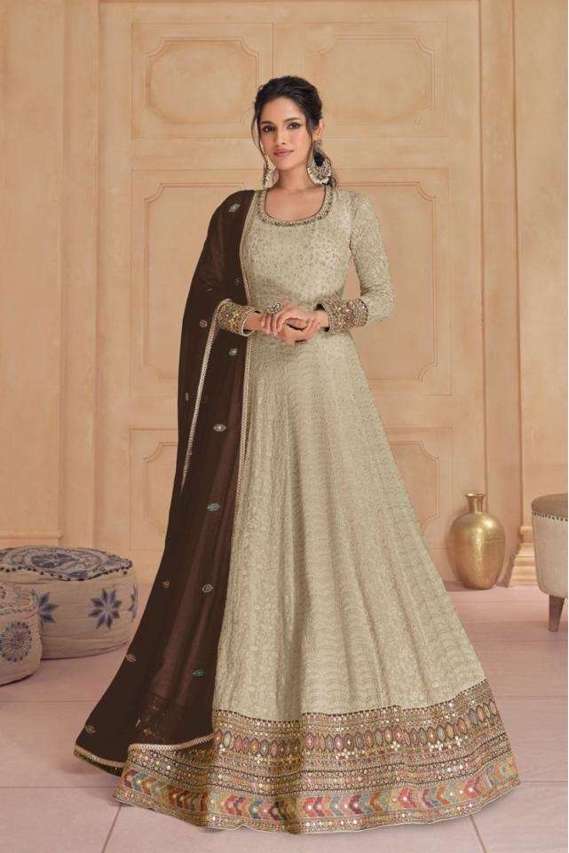 DESIGNER WEDDING PARTY WEAR HEAVY FAUX GEORGETTE BEIGE ANARKALI SALWAR SUIT GOWN JG 5523 D