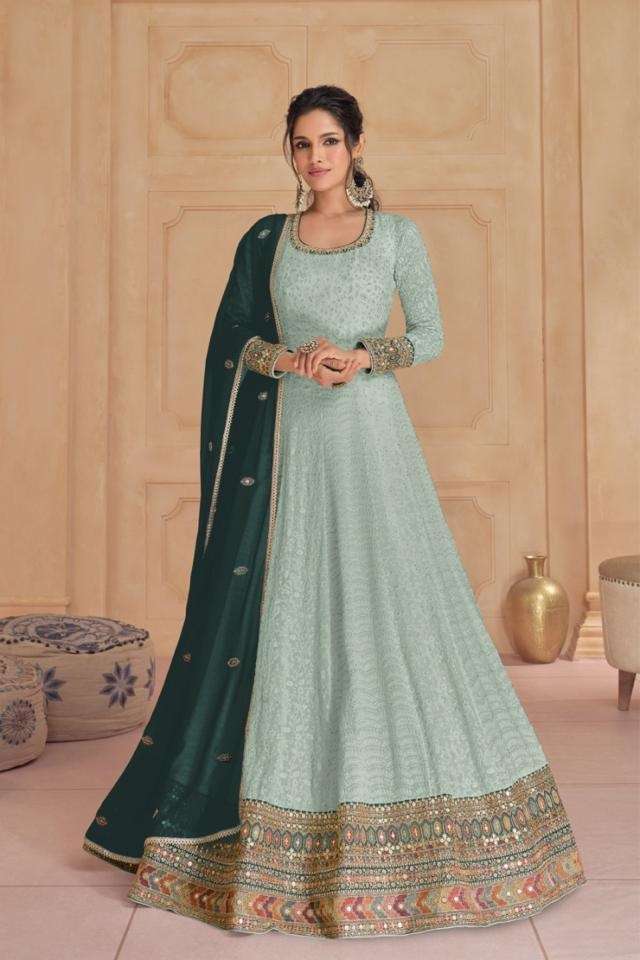 DESIGNER WEDDING PARTY WEAR HEAVY FAUX GEORGETTE SKY BLUE ANARKALI SALWAR SUIT GOWN JG 5523 C