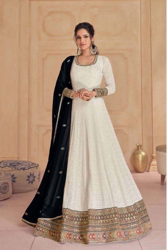 DESIGNER WEDDING PARTY WEAR HEAVY FAUX GEORGETTE WHITE ANARKALI SALWAR SUIT GOWN JG 5523 A