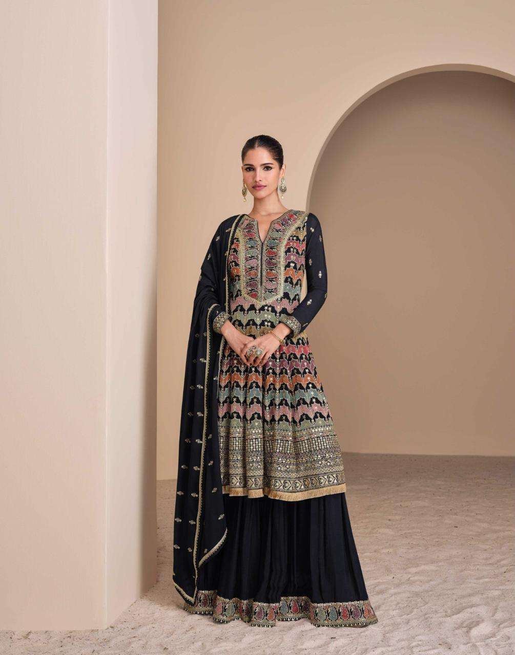 DESIGNER WEDDING PARTY WEAR HEAVY GEORGETTE BLACK SHARARA SALWAR SUIT SY ANDAZ 5638