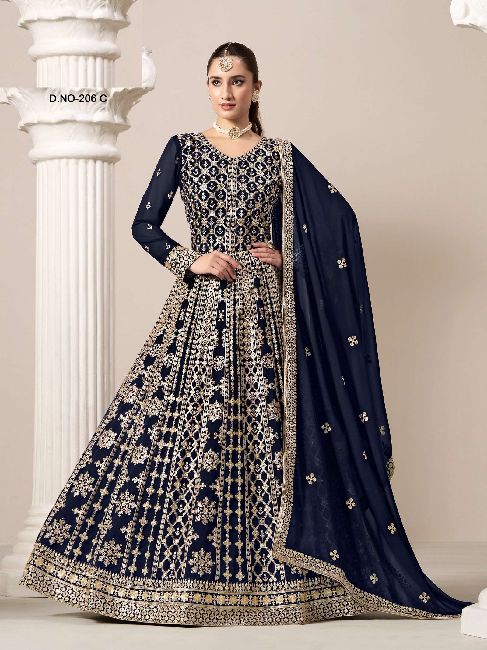 DESIGNER WEDDING PARTY WEAR HEAVY GEORGETTE BLUE ANARKALI SALWAR SUIT GOWN ANY 206 C