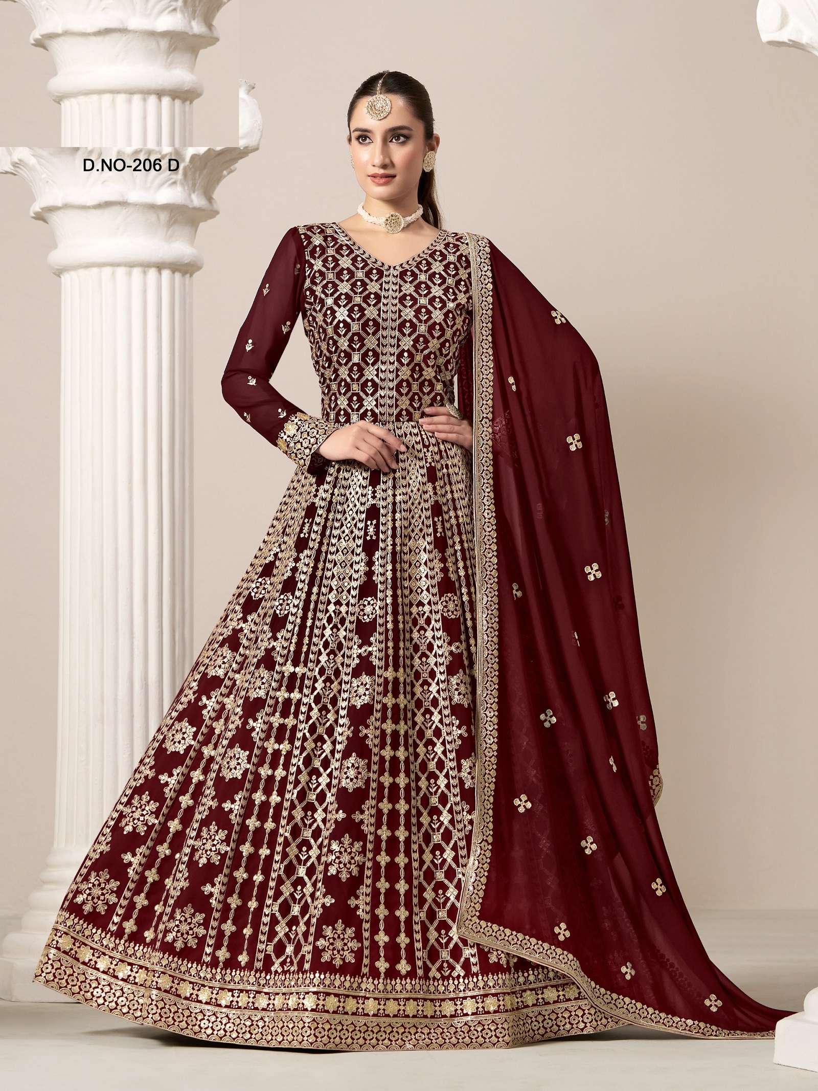 DESIGNER WEDDING PARTY WEAR HEAVY GEORGETTE MAROON ANARKALI SALWAR SUIT GOWN ANY 206 D