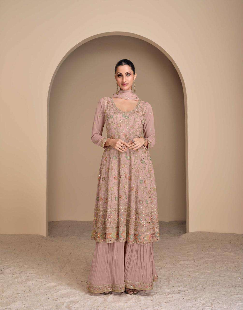 DESIGNER WEDDING PARTY WEAR HEAVY GEORGETTE PEACH SHARARA SALWAR SUIT SY ANDAZ 5639