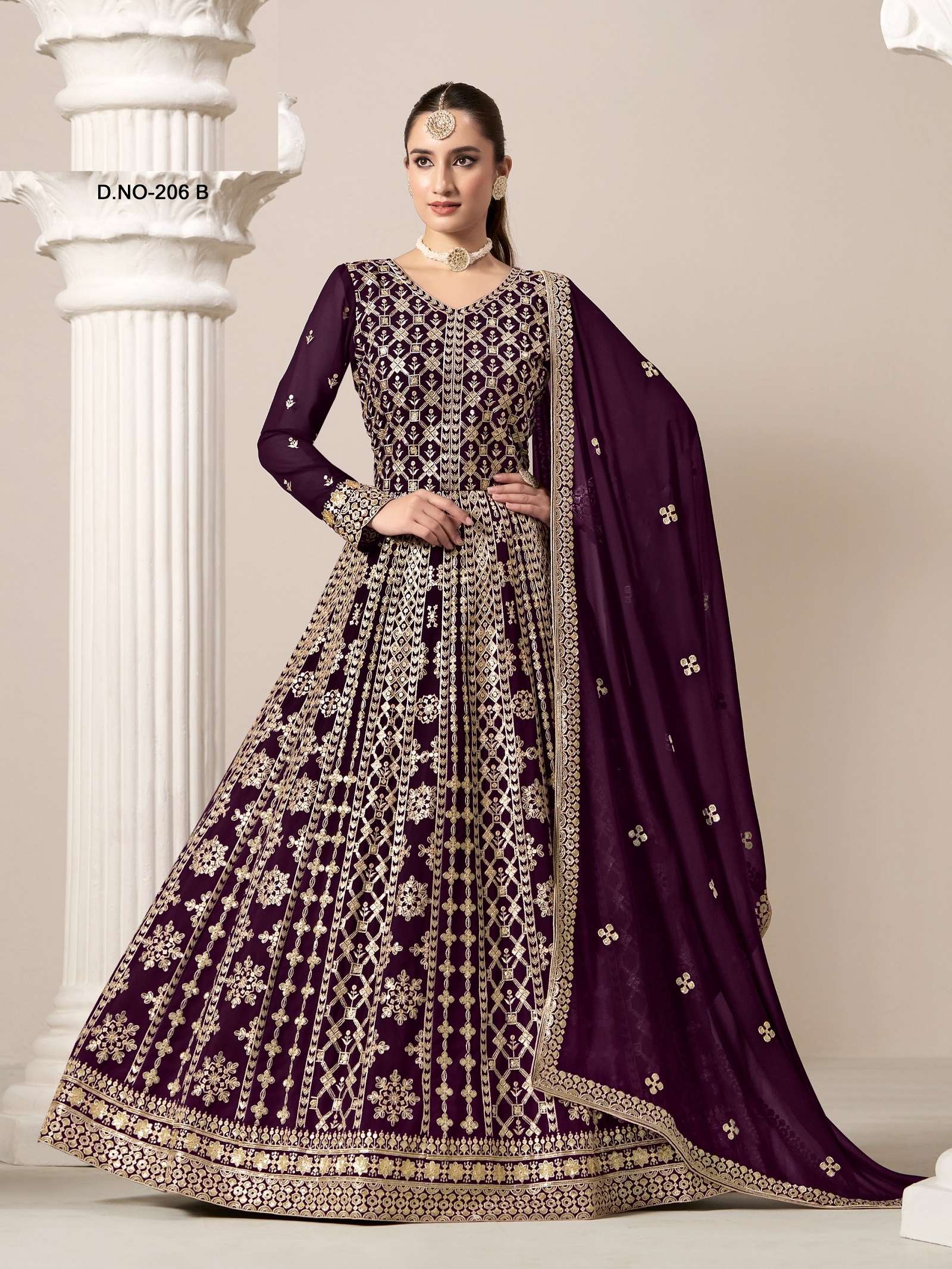 DESIGNER WEDDING PARTY WEAR HEAVY GEORGETTE WINE ANARKALI SALWAR SUIT GOWN ANY 206 B