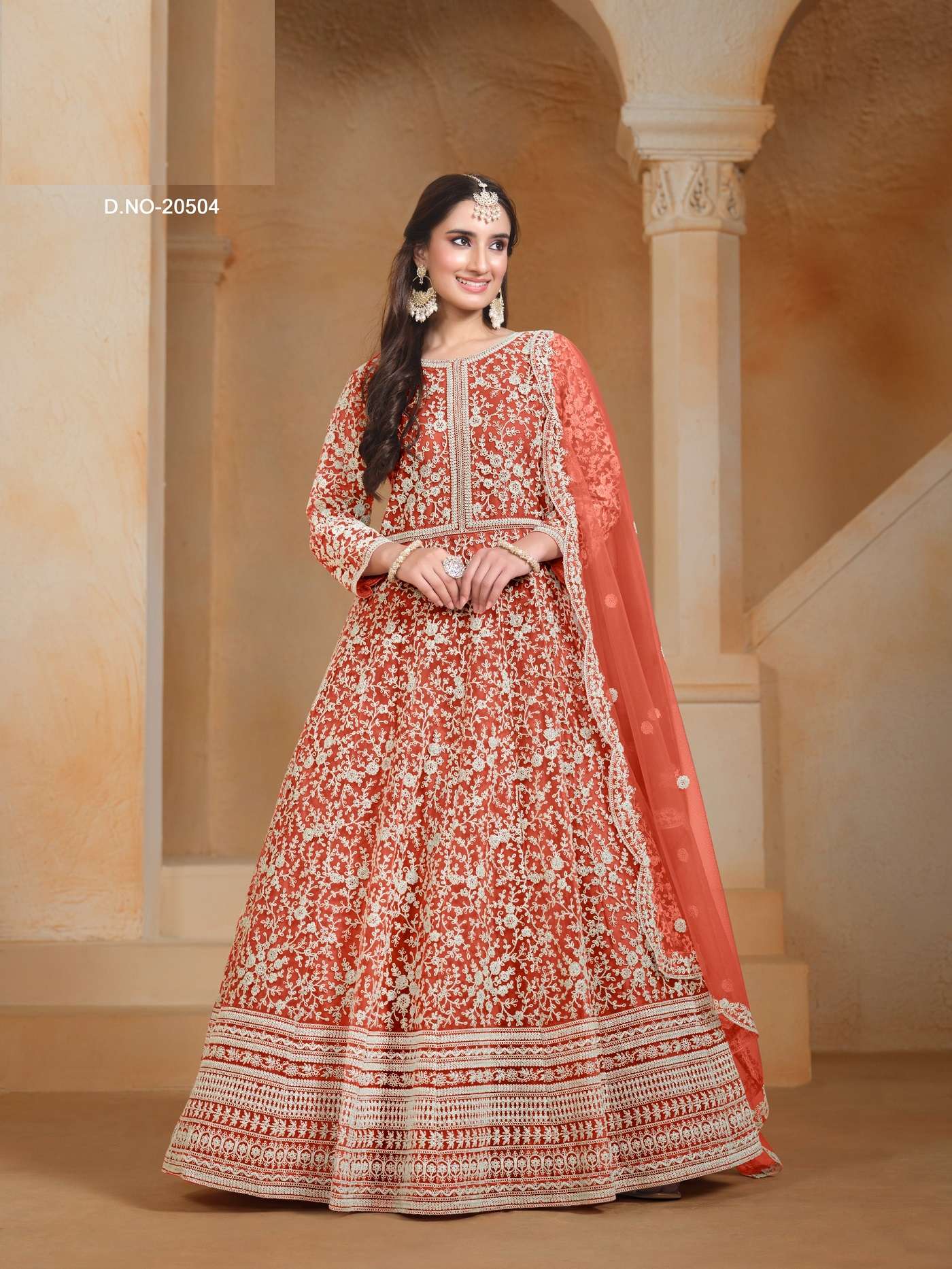 DESIGNER WEDDING PARTY WEAR HEAVY NET ORANGE ANARKALI SALWAR SUIT GOWN ANY 10504