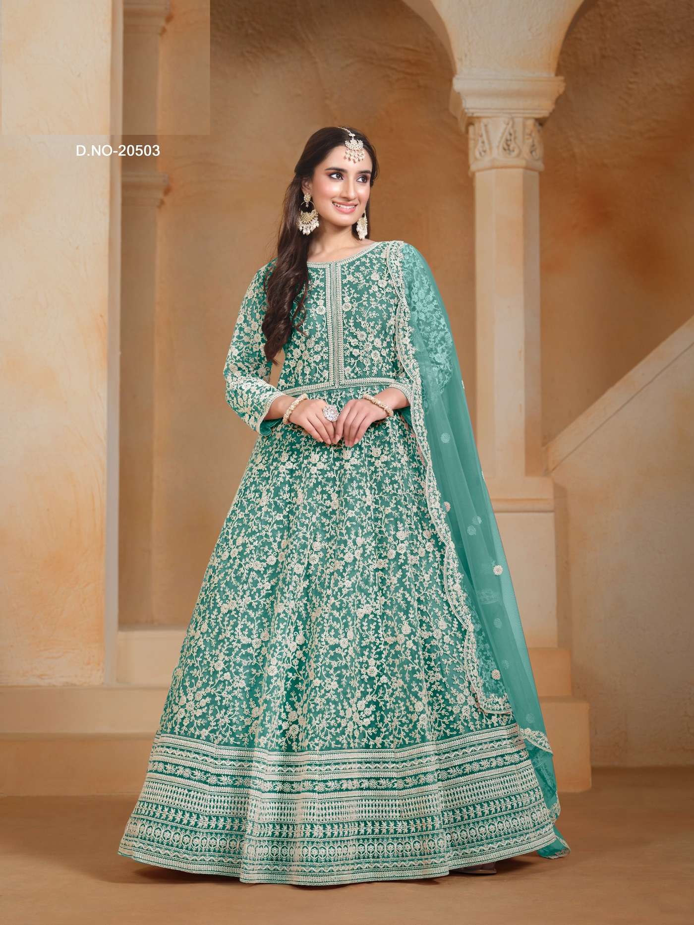 DESIGNER WEDDING PARTY WEAR HEAVY NET TEAL GREEN ANARKALI SALWAR SUIT GOWN ANY 10503