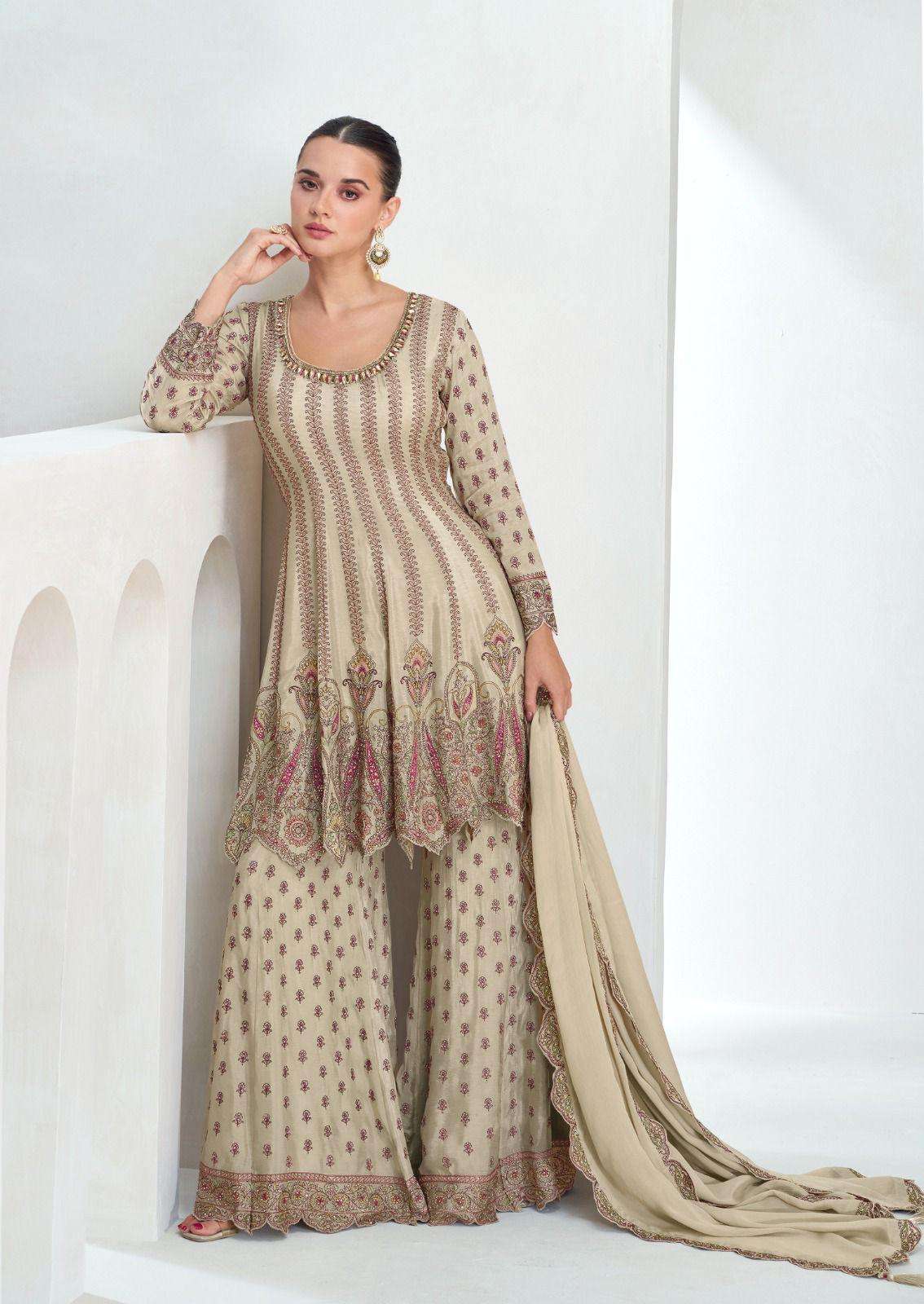 DESIGNER WEDDING PARTY WEAR HEAVY REAL CHINON BEIGE SHARARA SALWAR SUIT GOWN AF AARIKA 10052