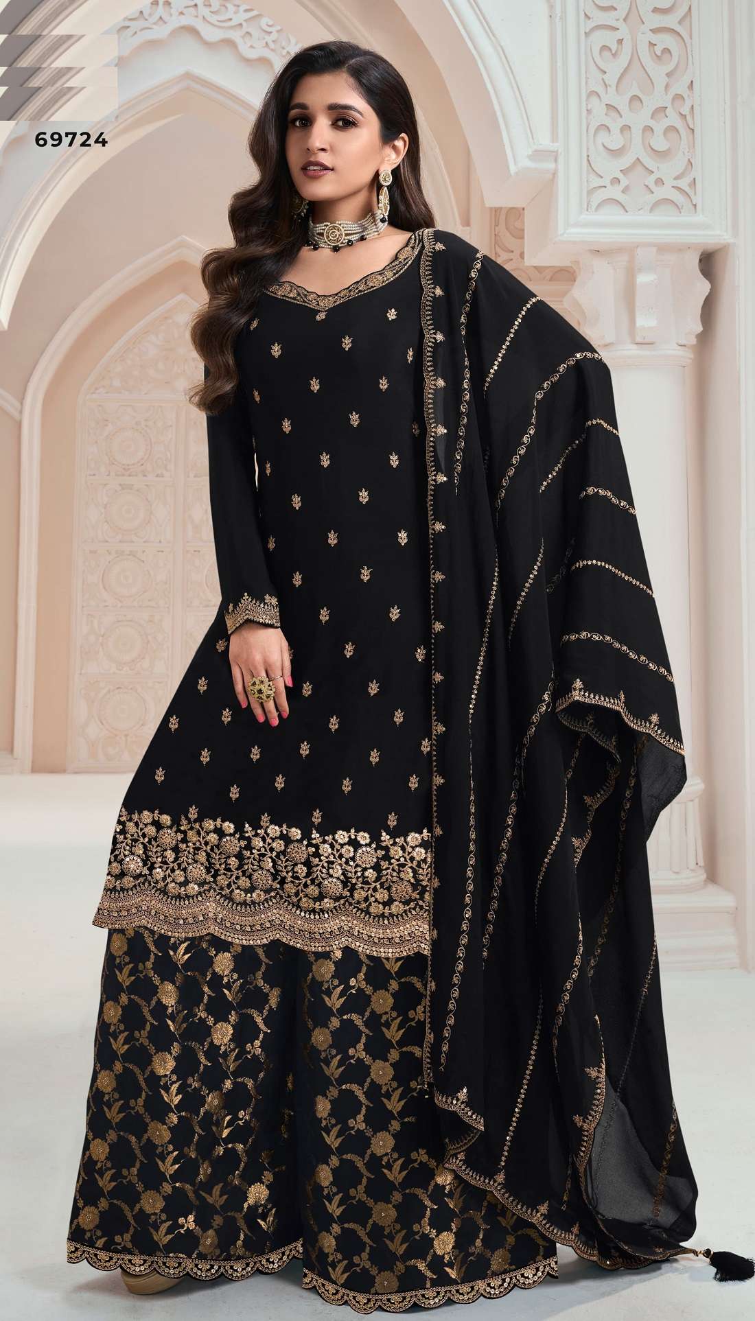 DESIGNER WEDDING PARTY WEAR HEAVY REAL CHINON BLACK SHARARA SALWAR SUIT DST VNY BANNO 69724