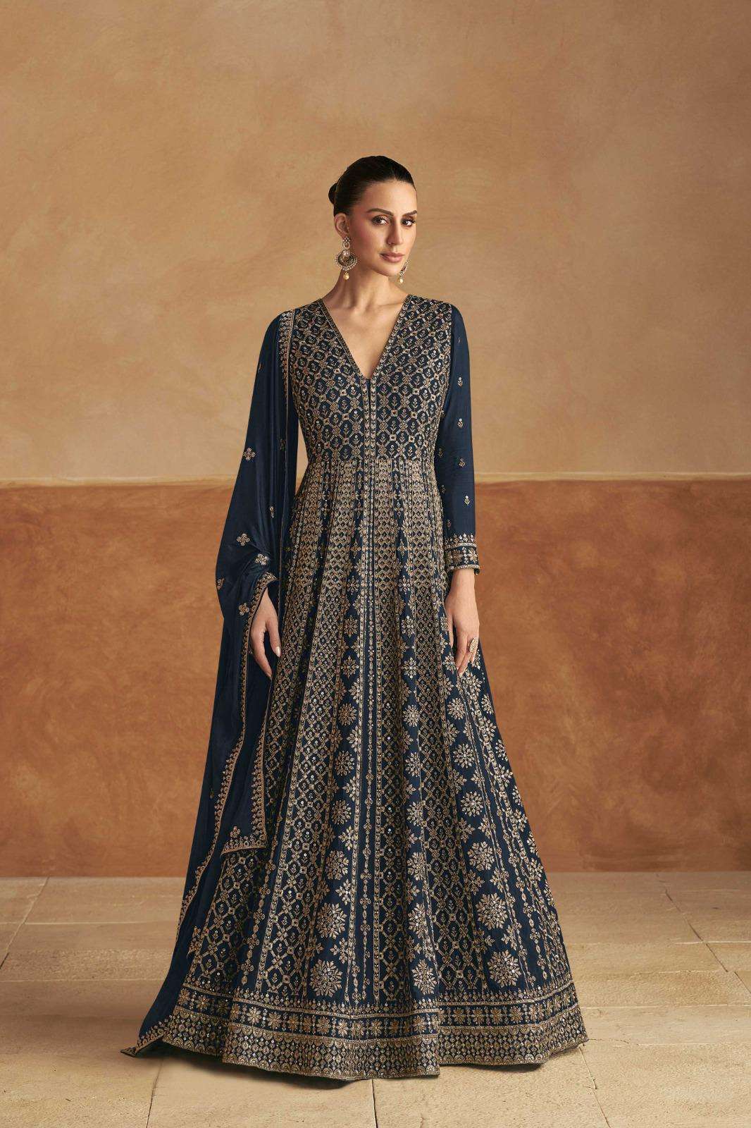 DESIGNER WEDDING PARTY WEAR HEAVY REAL CHINON BLUE ANARKALI SALWAR SUIT GOWN GL NAGMA 7510 A