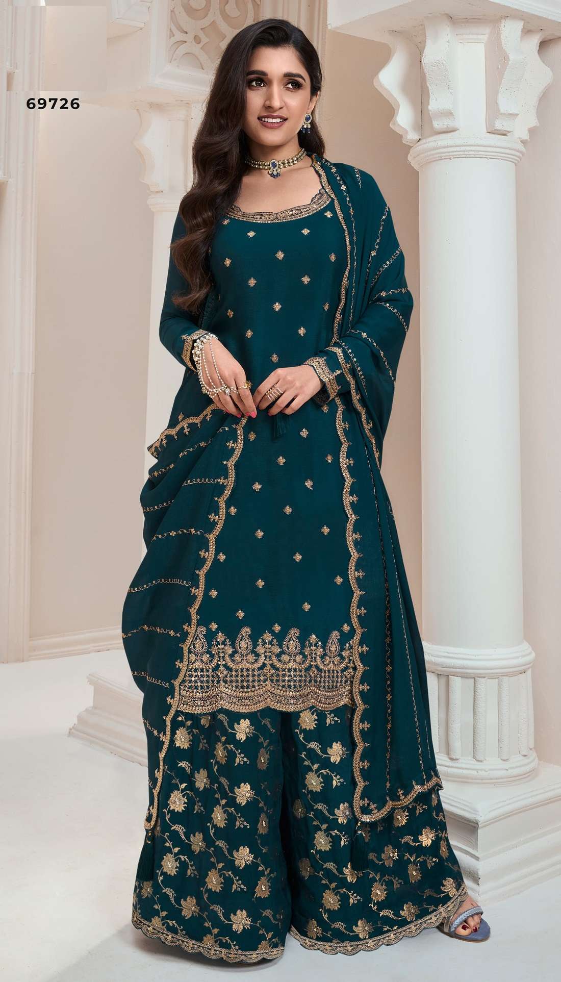 DESIGNER WEDDING PARTY WEAR HEAVY REAL CHINON BLUE SHARARA SALWAR SUIT DST VNY BANNO 69726