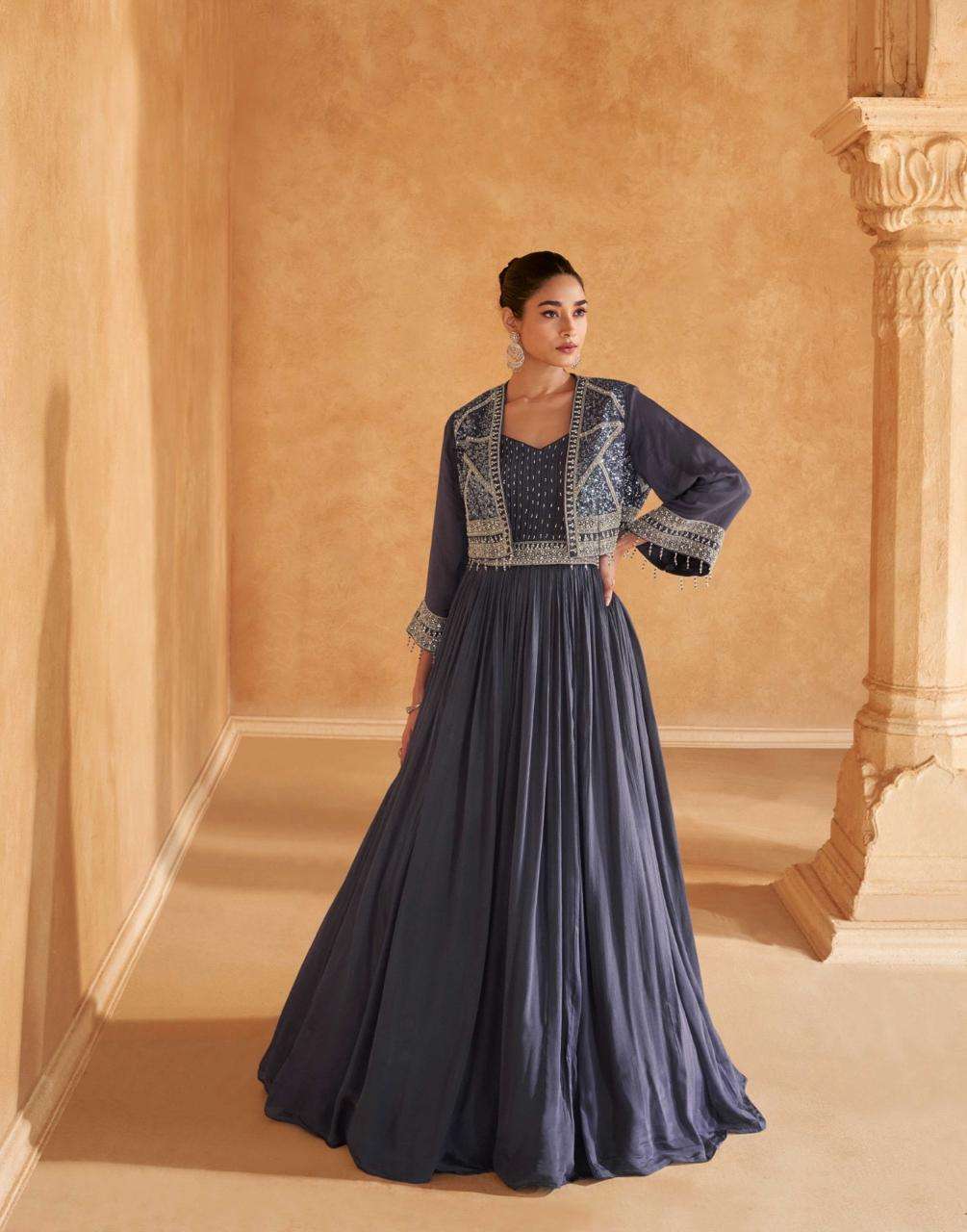 DESIGNER WEDDING PARTY WEAR HEAVY REAL CHINON BLUE ANARKALI SALWAR SUIT GOWN SY ADAH 5631