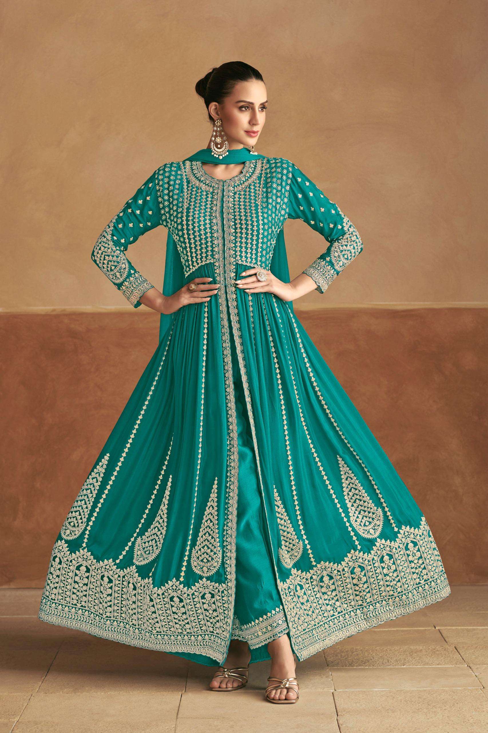 DESIGNER WEDDING PARTY WEAR HEAVY REAL CHINON GREEN BLUE ANARKALI SALWAR SUIT GOWN GL TANIM 7512 B