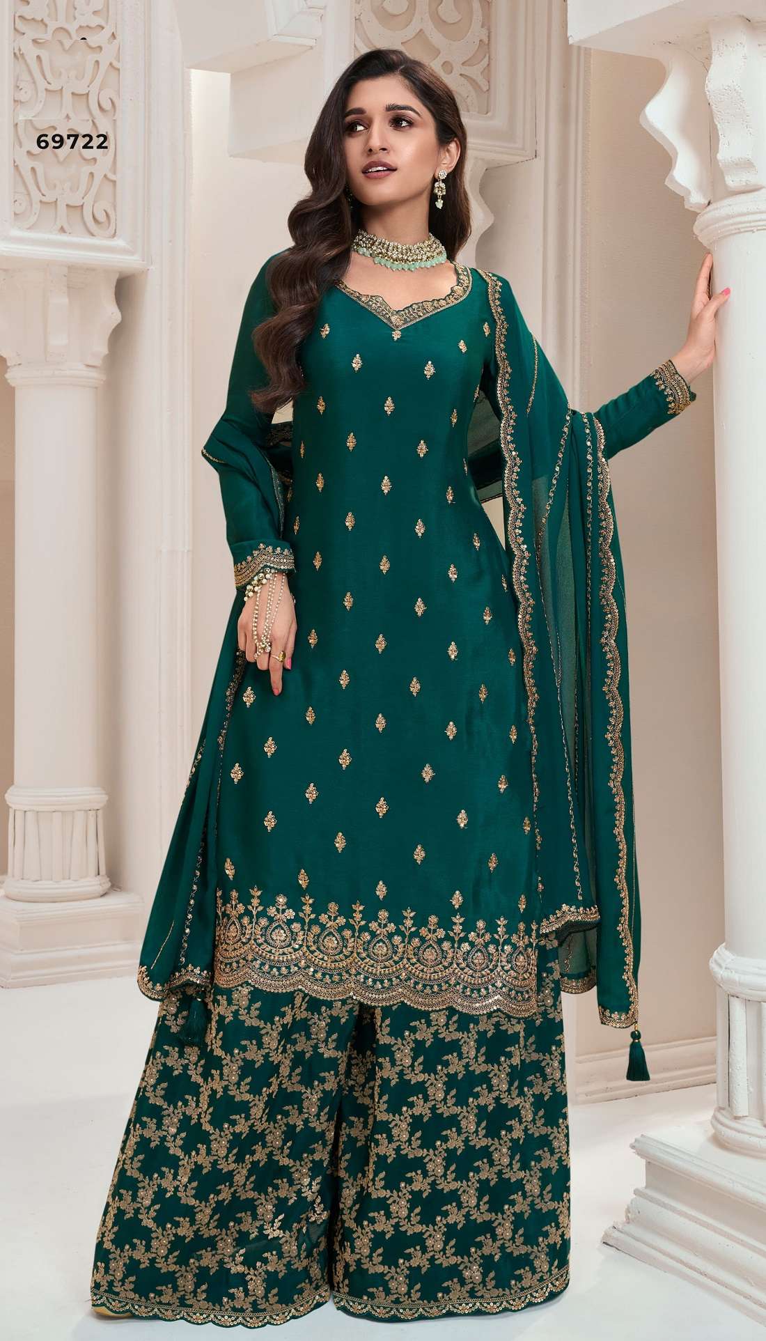 DESIGNER WEDDING PARTY WEAR HEAVY REAL CHINON GREEN SHARARA SALWAR SUIT DST VNY BANNO 69722