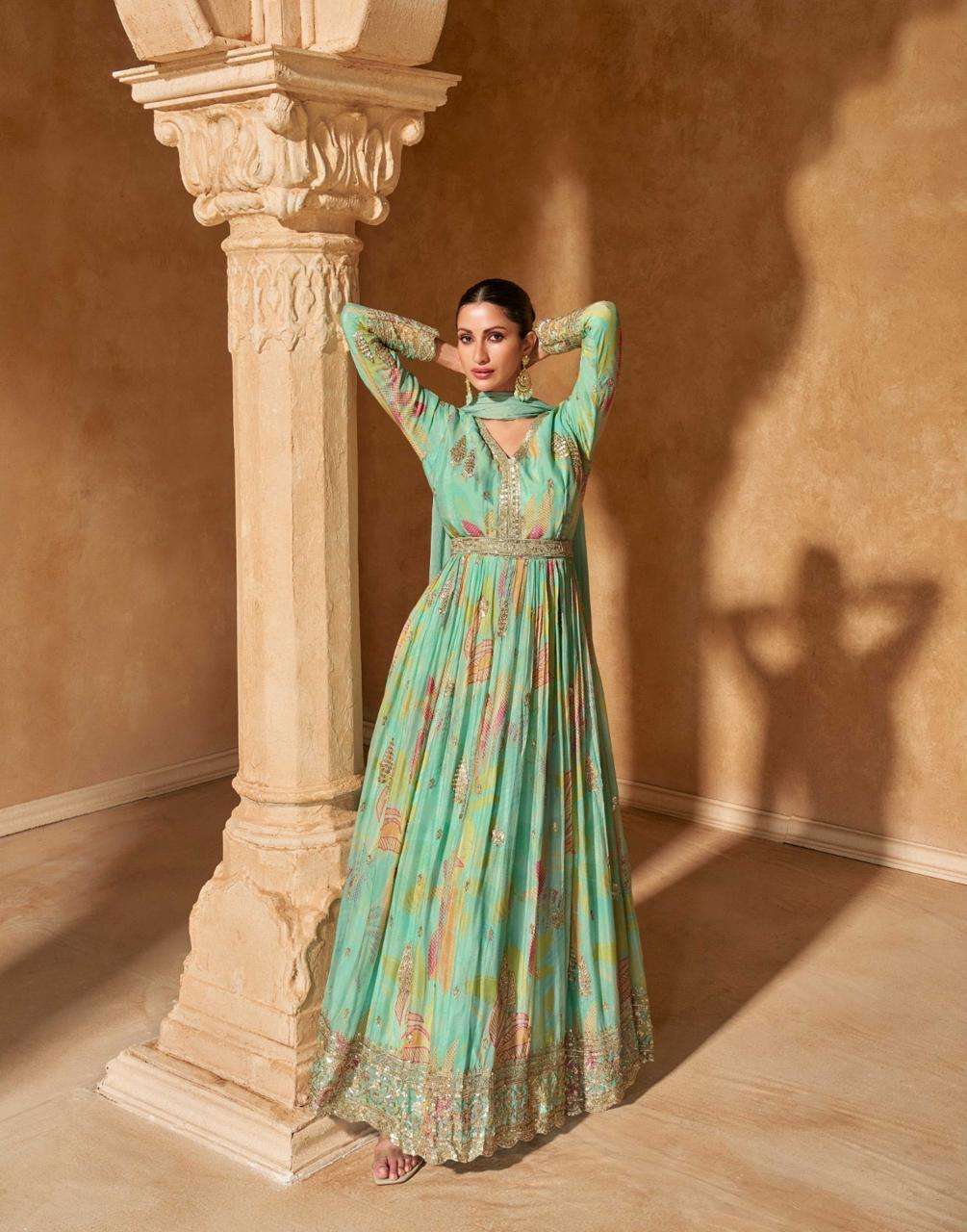 DESIGNER WEDDING PARTY WEAR HEAVY REAL CHINON GREEN ANARKALI SALWAR SUIT GOWN SY SAANJ 5645