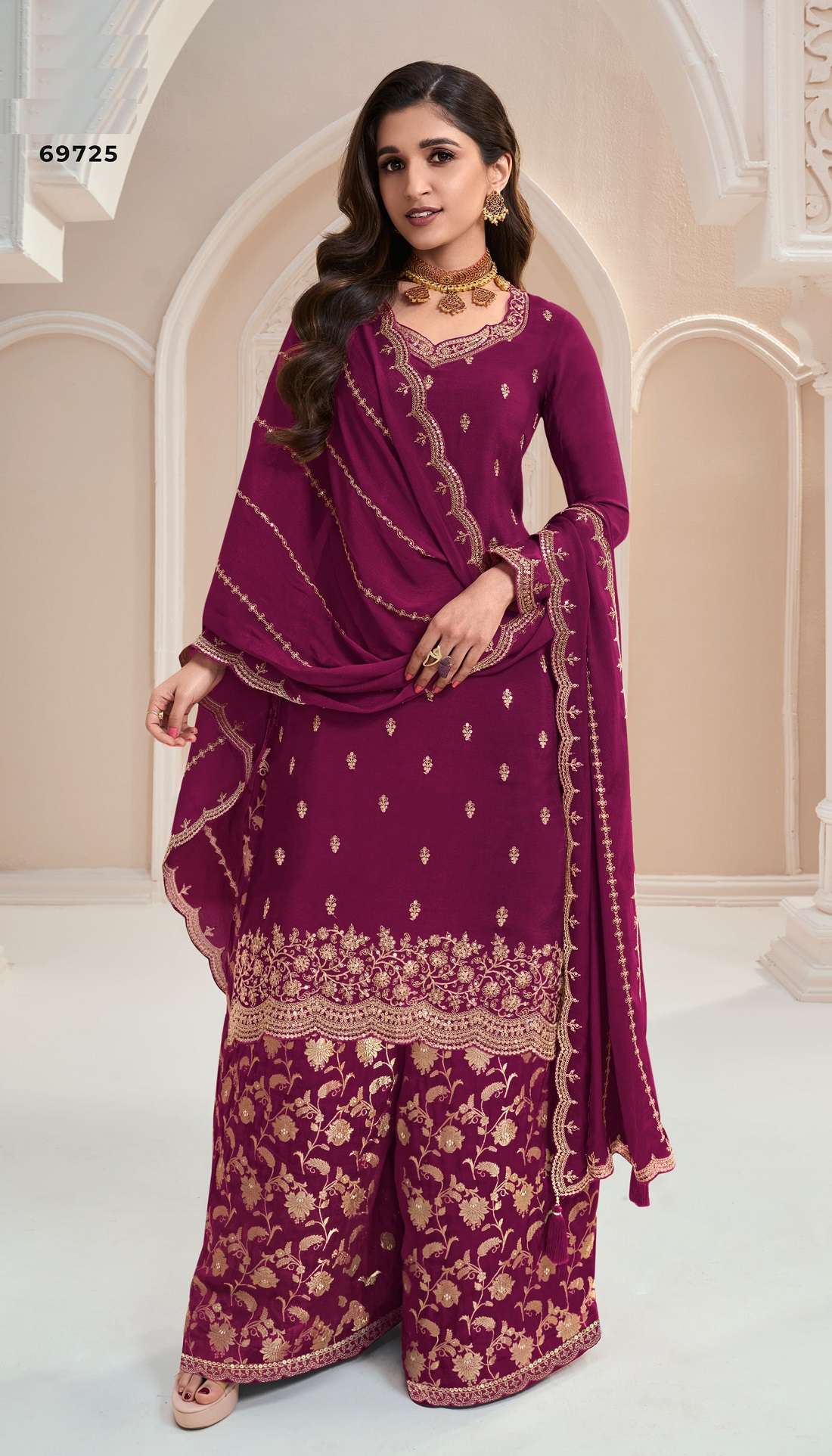 DESIGNER WEDDING PARTY WEAR HEAVY REAL CHINON MAROON SHARARA SALWAR SUIT DST VNY BANNO 69725