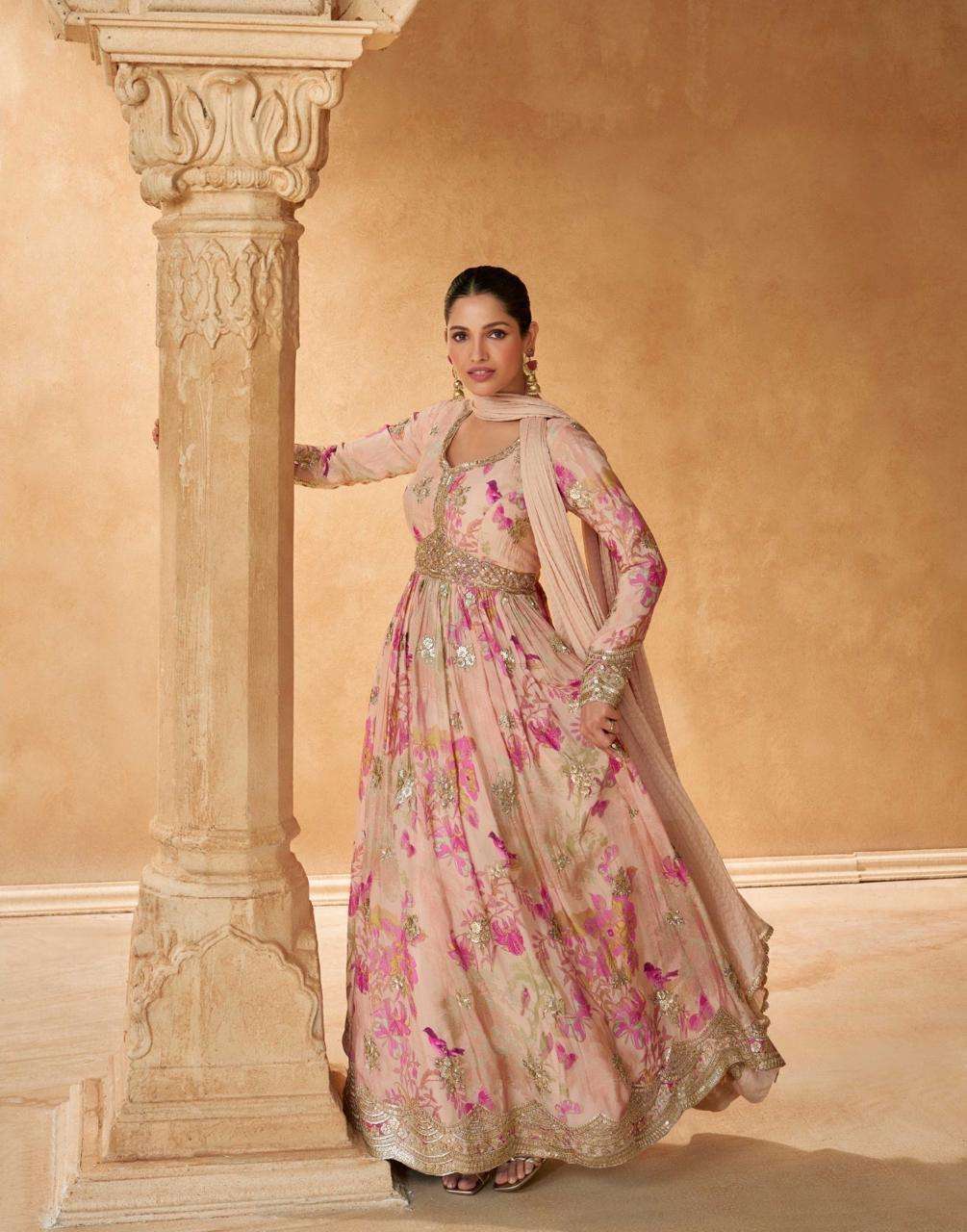 DESIGNER WEDDING PARTY WEAR HEAVY REAL CHINON PEACH ANARKALI SALWAR SUIT GOWN SY SAANJ 5643