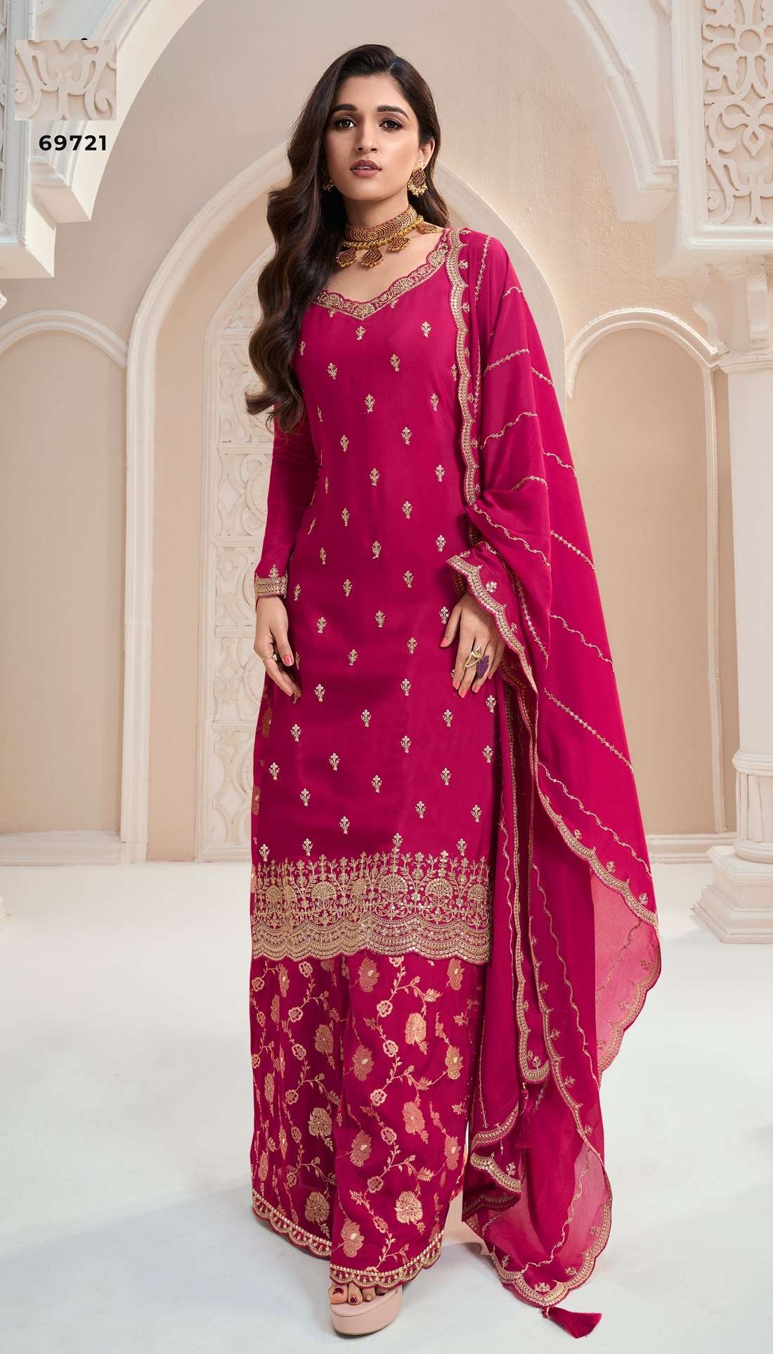 DESIGNER WEDDING PARTY WEAR HEAVY REAL CHINON PINK SHARARA SALWAR SUIT DST VNY BANNO 69721