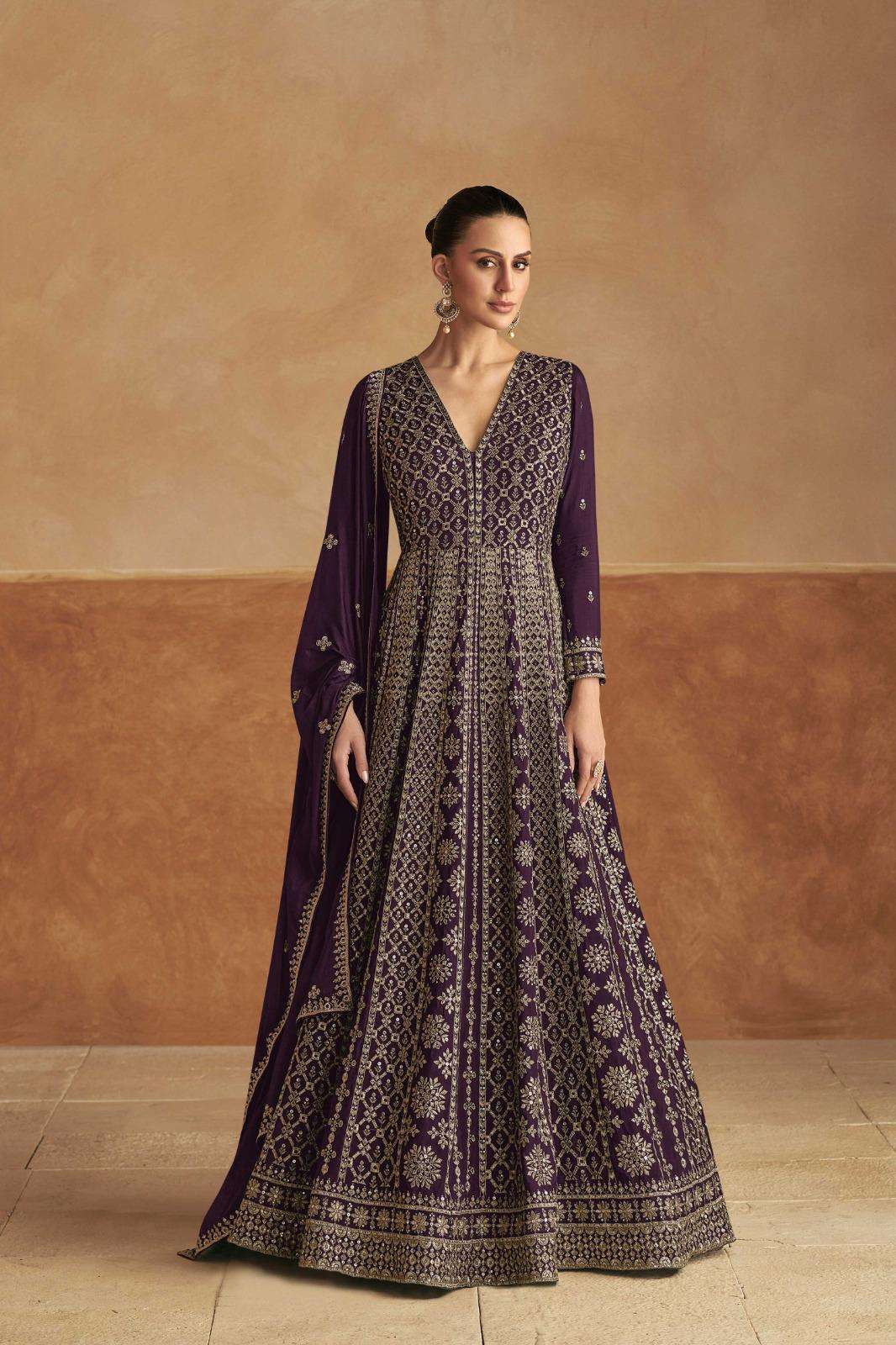 DESIGNER WEDDING PARTY WEAR HEAVY REAL CHINON PURPLE ANARKALI SALWAR SUIT GOWN GL NAGMA 7510 B