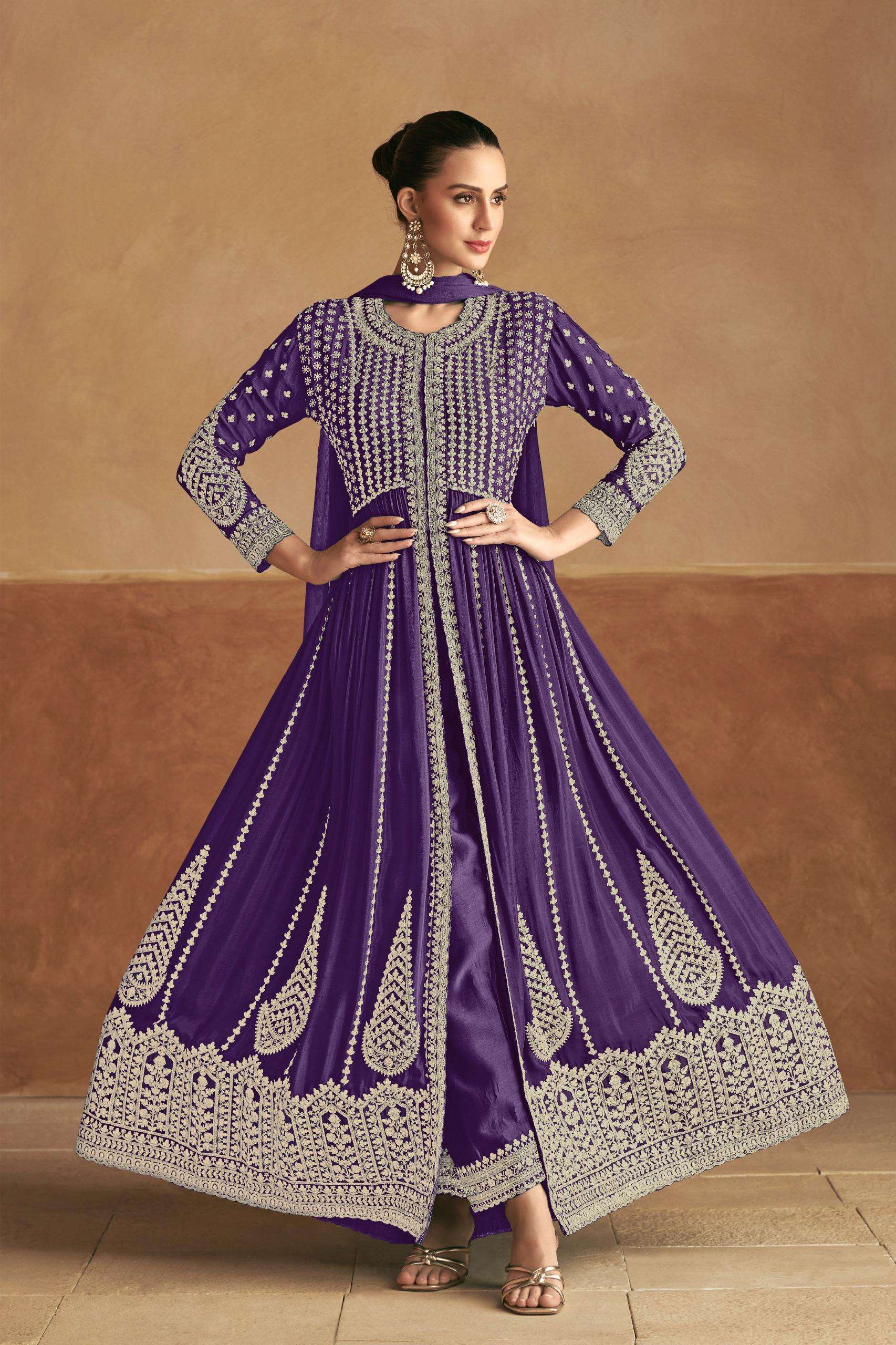 DESIGNER WEDDING PARTY WEAR HEAVY REAL CHINON PURPLE ANARKALI SALWAR SUIT GOWN GL TANIM 7512 C