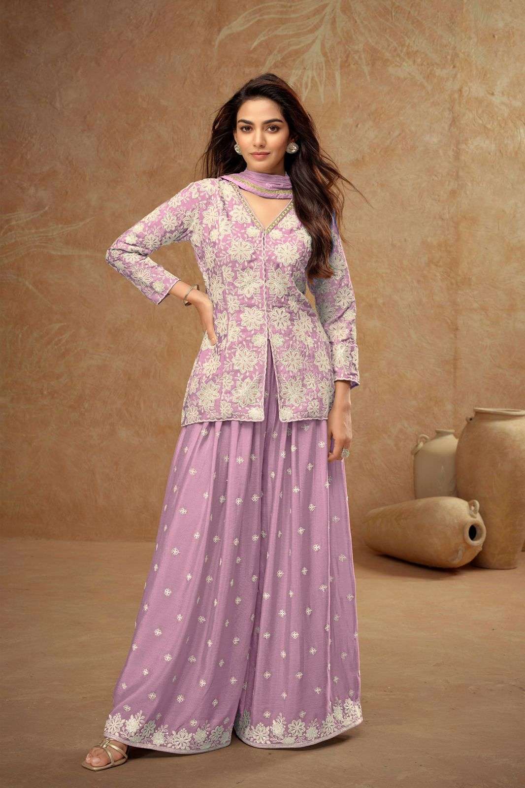 DESIGNER WEDDING PARTY WEAR HEAVY REAL CHINON SILK PINK SHARARA SALWAR SUIT GL FIRDOUS 7511 A