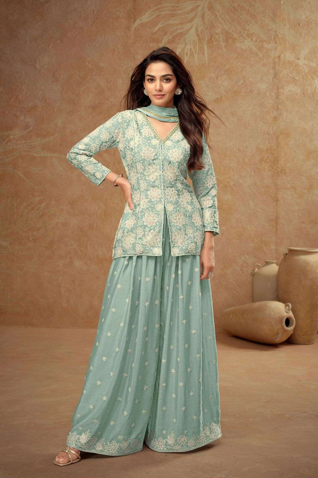 DESIGNER WEDDING PARTY WEAR HEAVY REAL CHINON SILK SKY BLUE SHARARA SALWAR SUIT GL FIRDOUS 7511 B