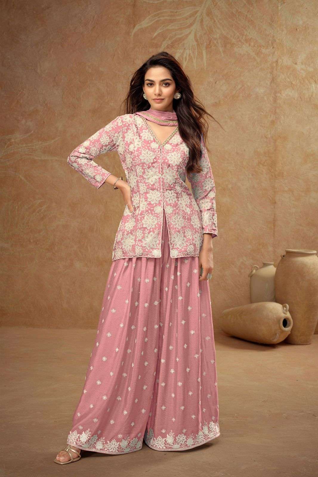 DESIGNER WEDDING PARTY WEAR HEAVY REAL CHINON SILK PEACH SHARARA SALWAR SUIT GL FIRDOUS 7511 C