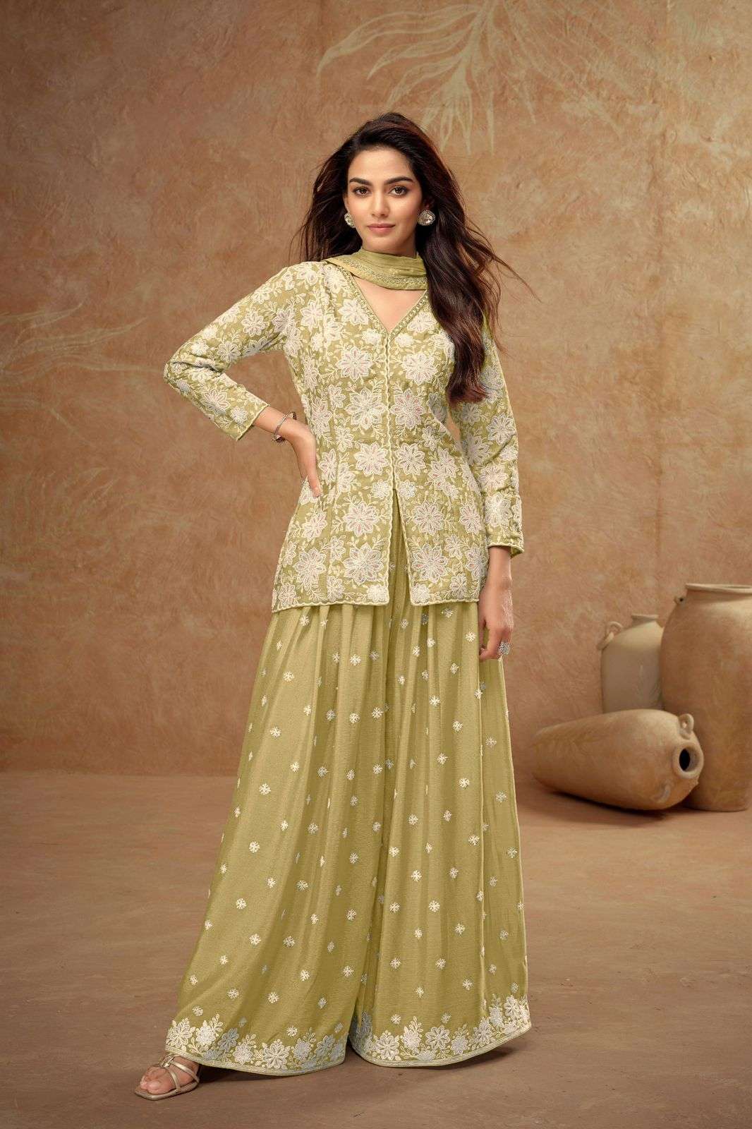 DESIGNER WEDDING PARTY WEAR HEAVY REAL CHINON SILK LEMON YELLOW SHARARA SALWAR SUIT GL FIRDOUS 7511 D