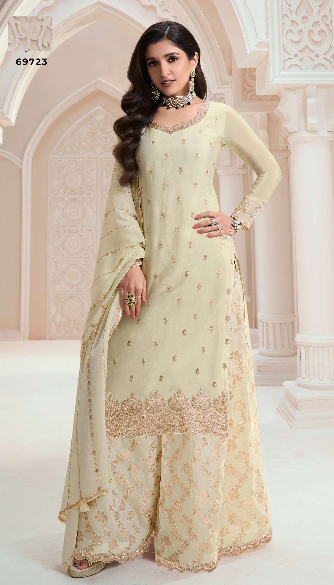 DESIGNER WEDDING PARTY WEAR HEAVY REAL CHINON WHITE SHARARA SALWAR SUIT DST VNY BANNO 69723