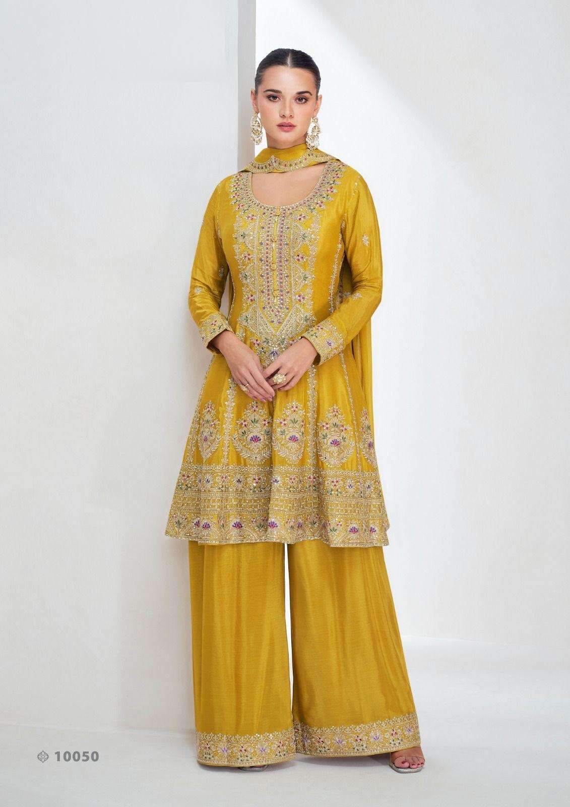 DESIGNER WEDDING PARTY WEAR HEAVY REAL CHINON YELLOW SHARARA SALWAR SUIT GOWN AF AARIKA 10050