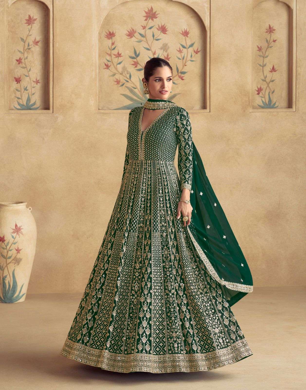 DESIGNER WEDDING PARTY WEAR HEAVY REAL GEORGETTE GREEN ANARKALI SALWAR SUIT GOWN AF MAHARANI 10073