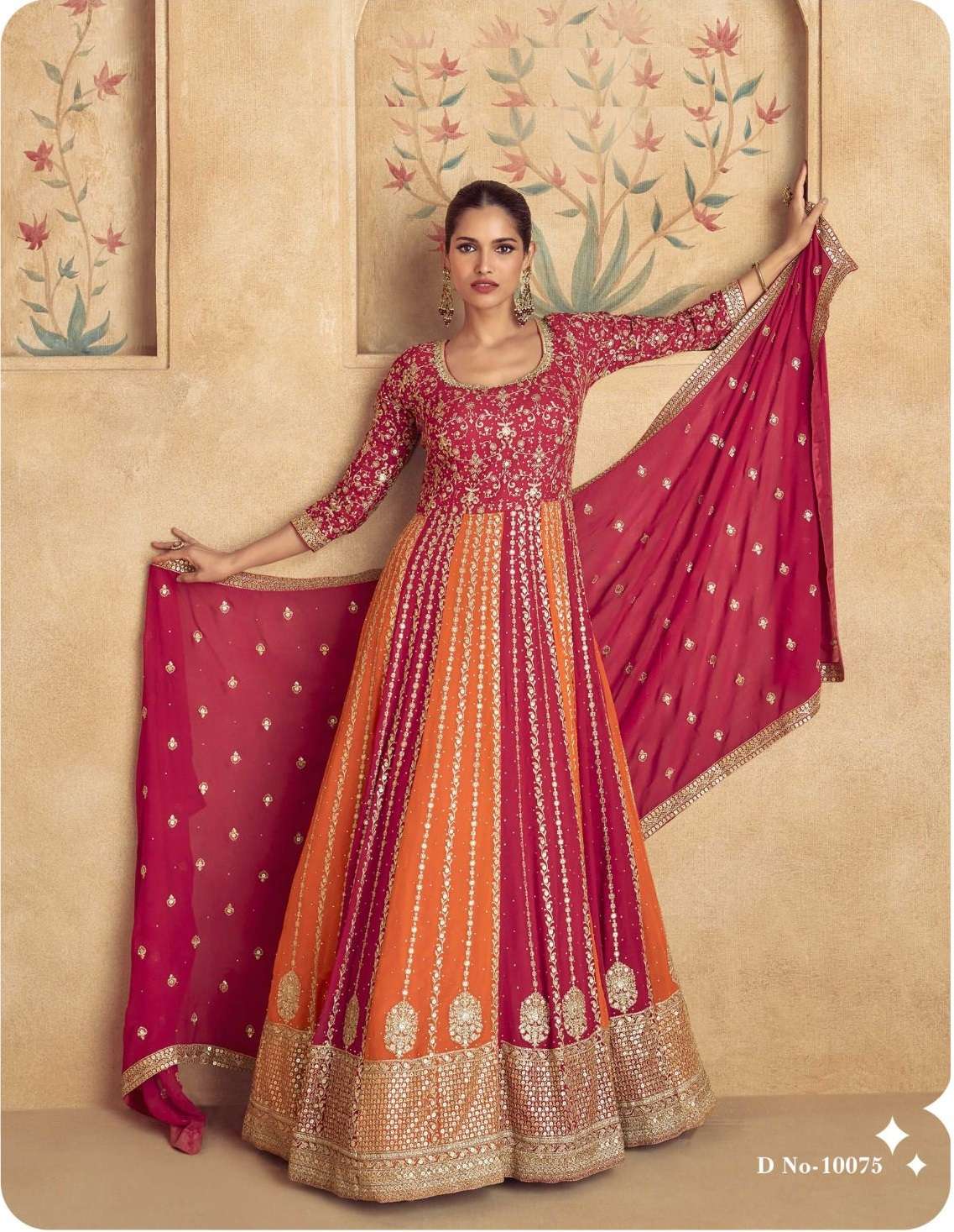 DESIGNER WEDDING PARTY WEAR HEAVY REAL GEORGETTE RED ORANGE ANARKALI SALWAR SUIT GOWN AF MAHARANI 10075