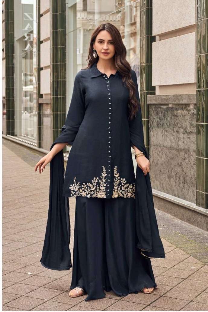 DESIGNER WEDDING PARTY WEAR HEAVY SILK BLACK SHARARA SALWAR SUIT PALLAZO SUIT SY TARAA 5632