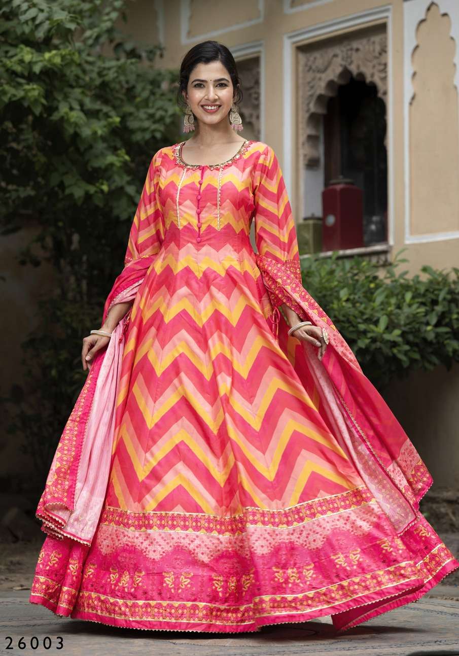 DESIGNER WEDDING PARTY WEAR HEAVY SILK READYMADDE ANARKALI GOWN SALWAR SUIT DST SAMNATA 26003