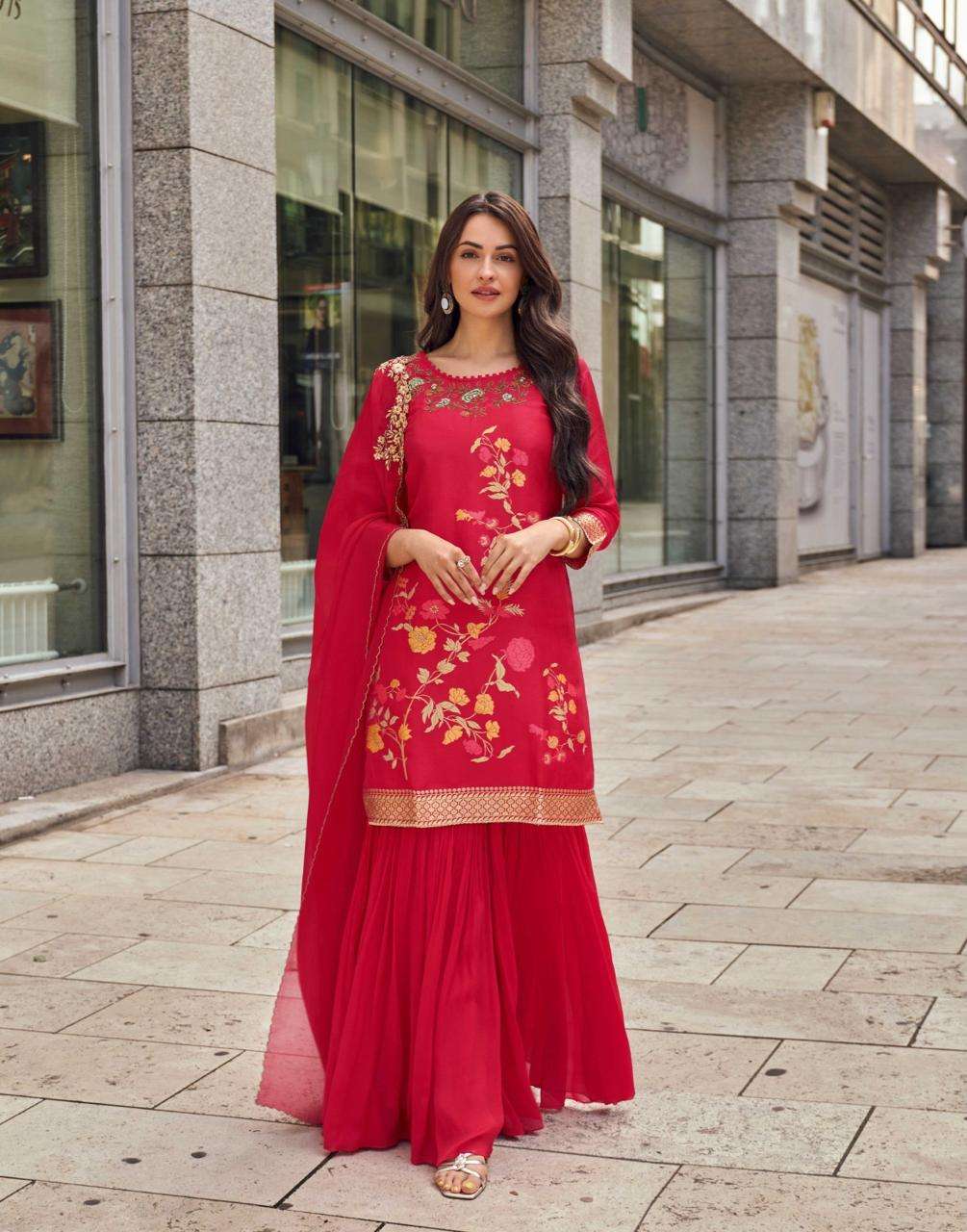 DESIGNER WEDDING PARTY WEAR HEAVY SILK RED SHARARA SALWAR SUIT PALLAZO SUIT SY TARAA 5634