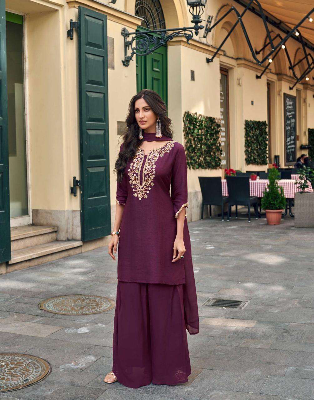 DESIGNER WEDDING PARTY WEAR HEAVY SILK WINE SHARARA SALWAR SUIT PALLAZO SUIT SY TARAA 5635