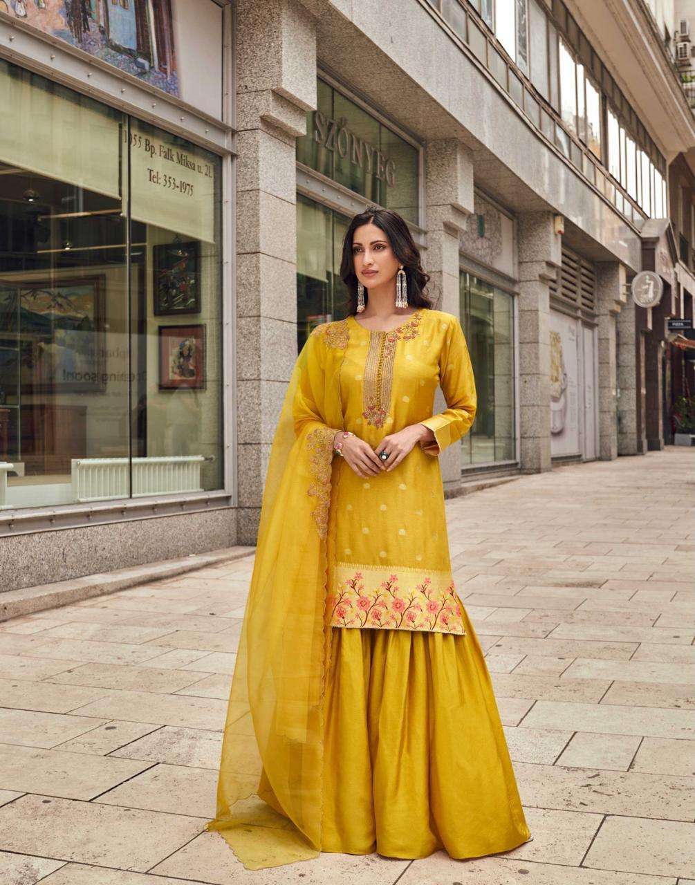 DESIGNER WEDDING PARTY WEAR HEAVY SILK YELLOW SHARARA SALWAR SUIT PALLAZO SUIT SY TARAA 5633