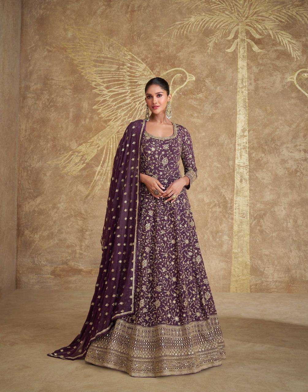 DESIGNER WEDDING PARTY WEAR HEAVY WINE GEORGETTE ANARKALI SALWAR SUIT GOWN SY ROYAL 5620