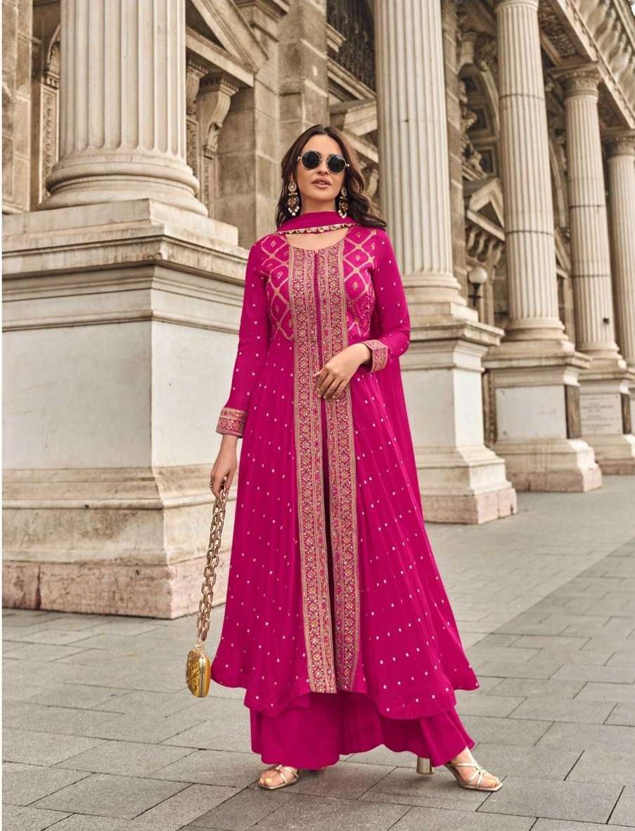 DESIGNER WEDDING PARTY WEAR PINK SILK GEORGETTE SHARARA PLAZZO SALWAR SY RANGREZA 5598