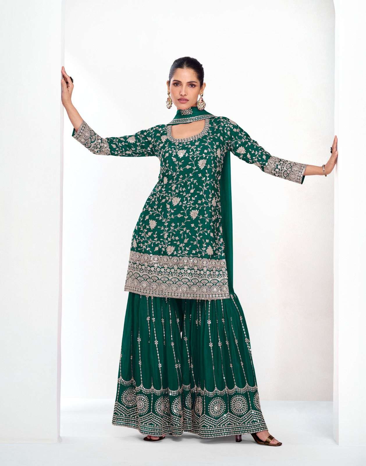 DESIGNER WEDDING PARTY WEAR PURE CHINON GREEN SHARARA PLAZZO SALWAR AF VAMIKA 10109