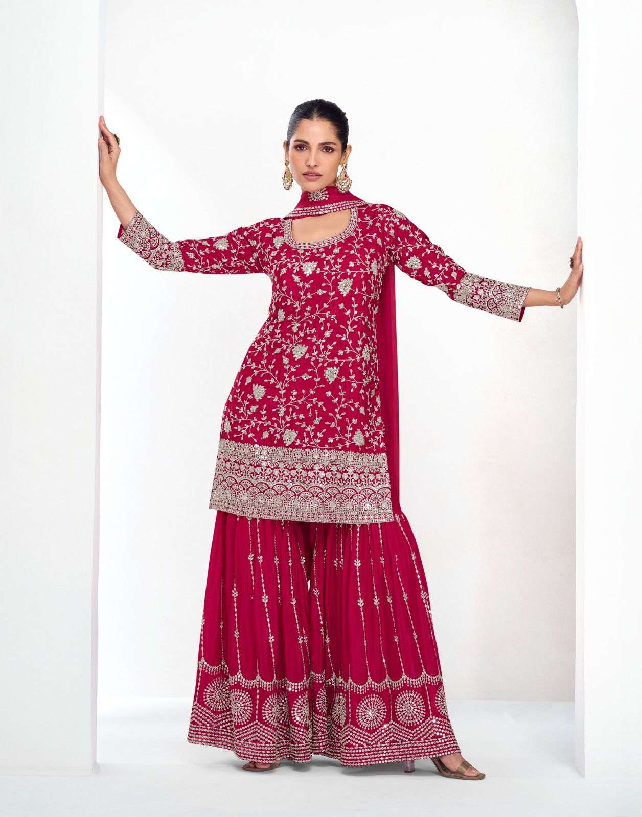 DESIGNER WEDDING PARTY WEAR PURE CHINON PINK SHARARA PLAZZO SALWAR AF VAMIKA 10112