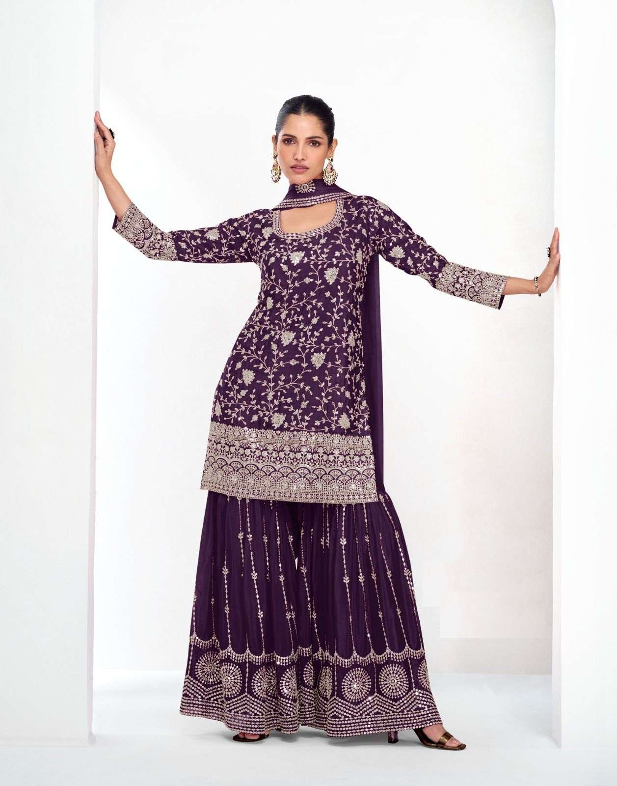 DESIGNER WEDDING PARTY WEAR PURE CHINON WINE SHARARA PLAZZO SALWAR AF VAMIKA 10110