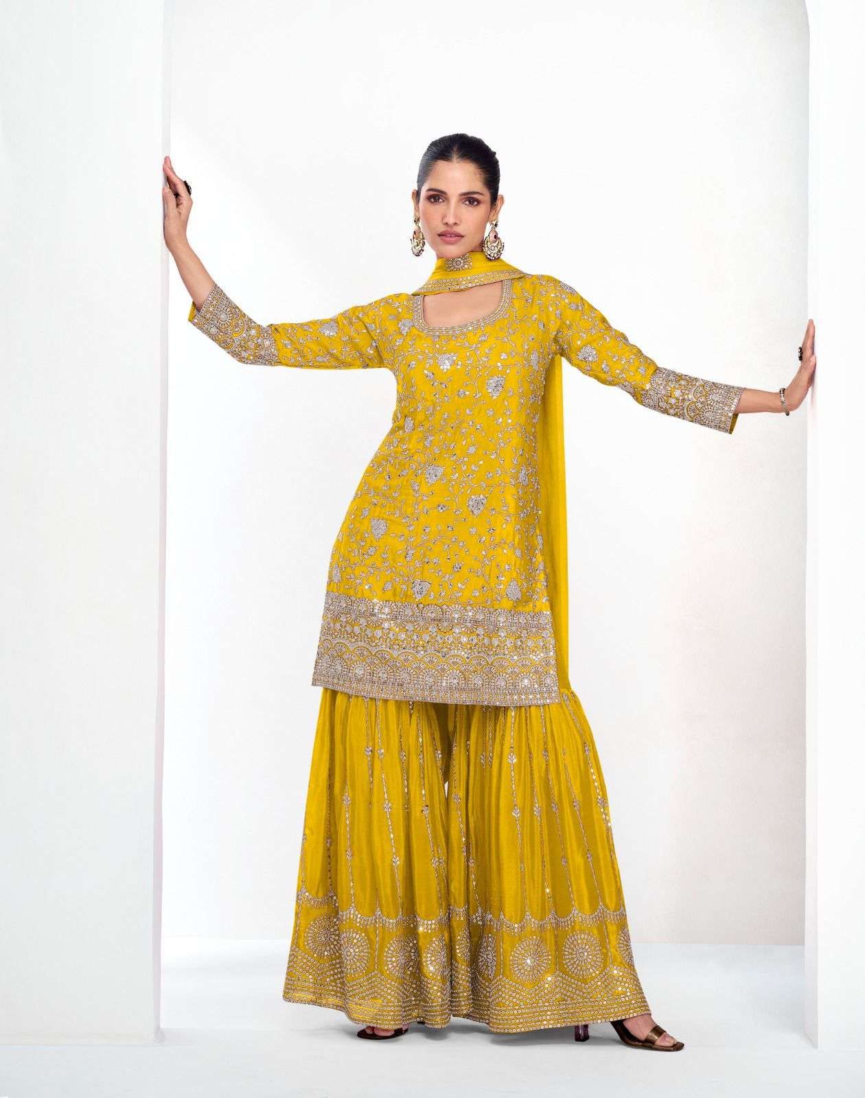 DESIGNER WEDDING PARTY WEAR PURE CHINON YELLOW SHARARA PLAZZO SALWAR AF VAMIKA 10111