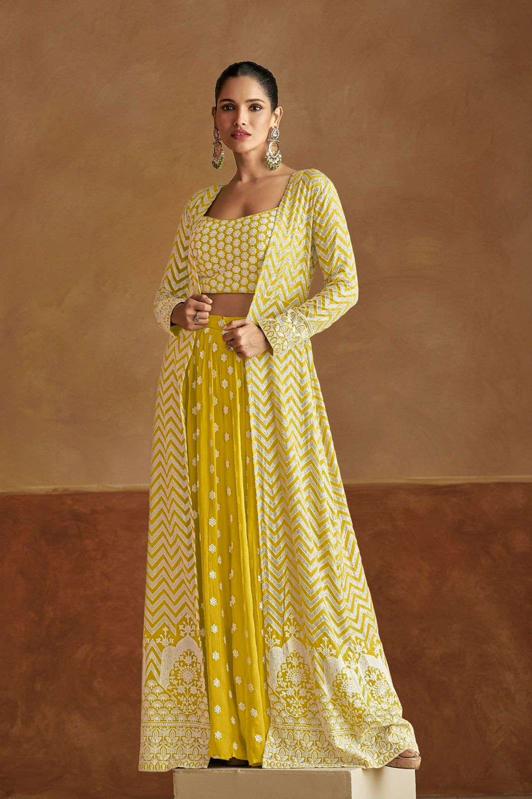 DESIGNER WEDDING PARTY WEAR REAL GEORGETTE YELLOW KOTI LEHENGA SKIRT STYLE LEHENGA KOTI SUIT GL GEETIKA 7503B