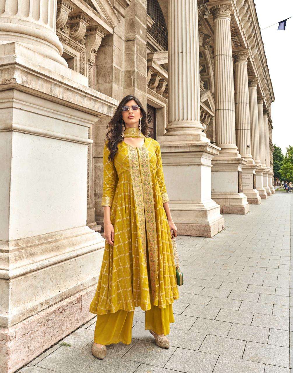 DESIGNER WEDDING PARTY WEAR YELLOW SILK GEORGETTE SHARARA PLAZZO SALWAR SY RANGREZA 5599