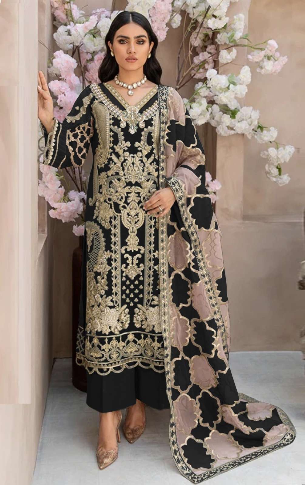 INDIAN DESIGNER FANCY WEDDING PARTY WEAR BLACK ORGANZA PAKISTANI STRAIGHT SALWAR SUIT SRH 1076 A