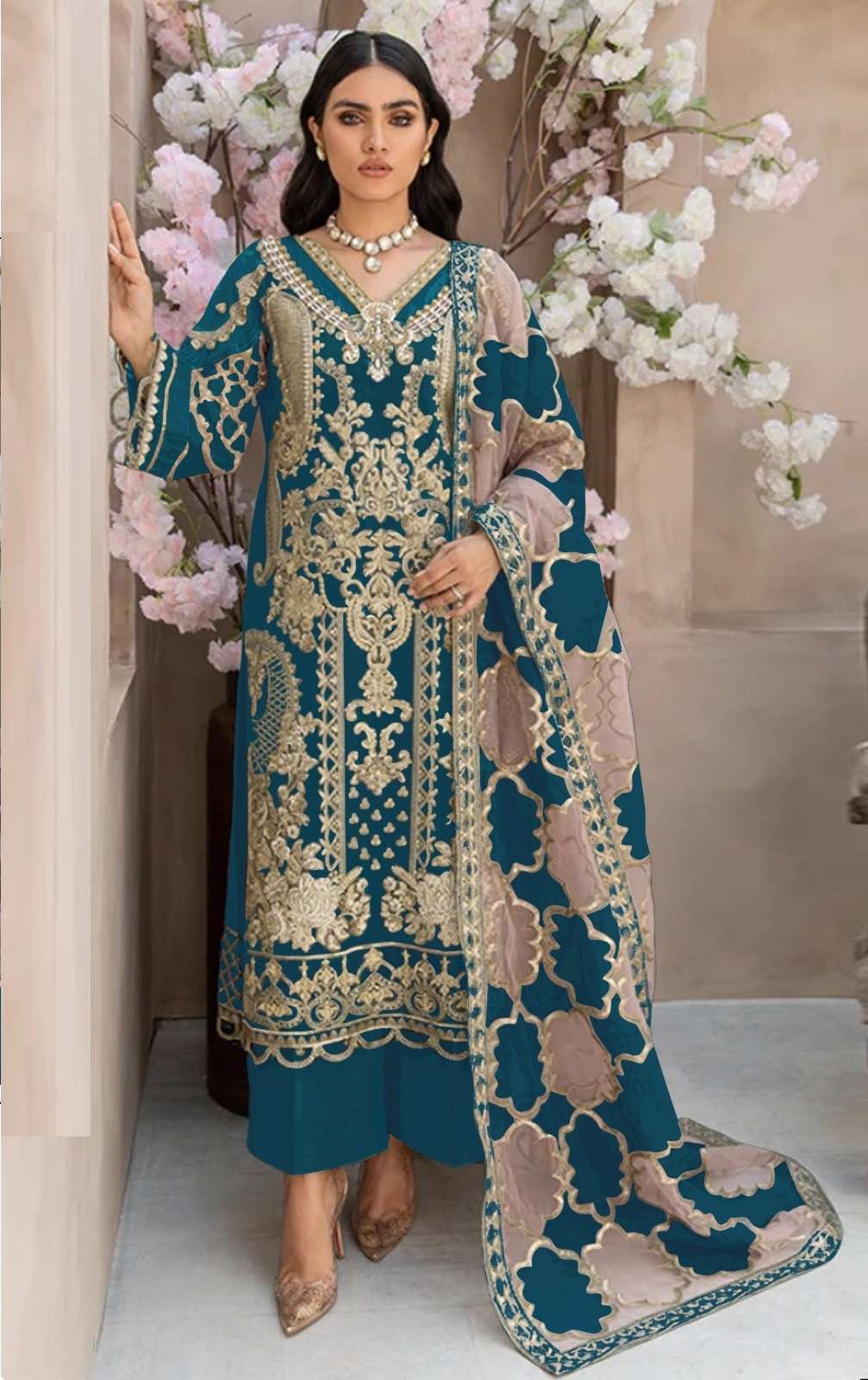 INDIAN DESIGNER FANCY WEDDING PARTY WEAR BLUE ORGANZA PAKISTANI STRAIGHT SALWAR SUIT SRH 1076 C