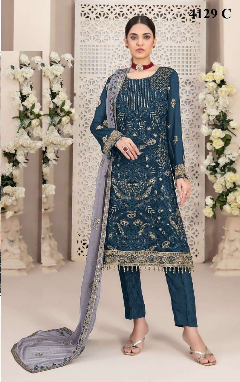 INDIAN DESIGNER FANCY WEDDING PARTY WEAR BLUE ORGANZA PAKISTANI STRAIGHT SALWAR SUIT SRH 4129 C