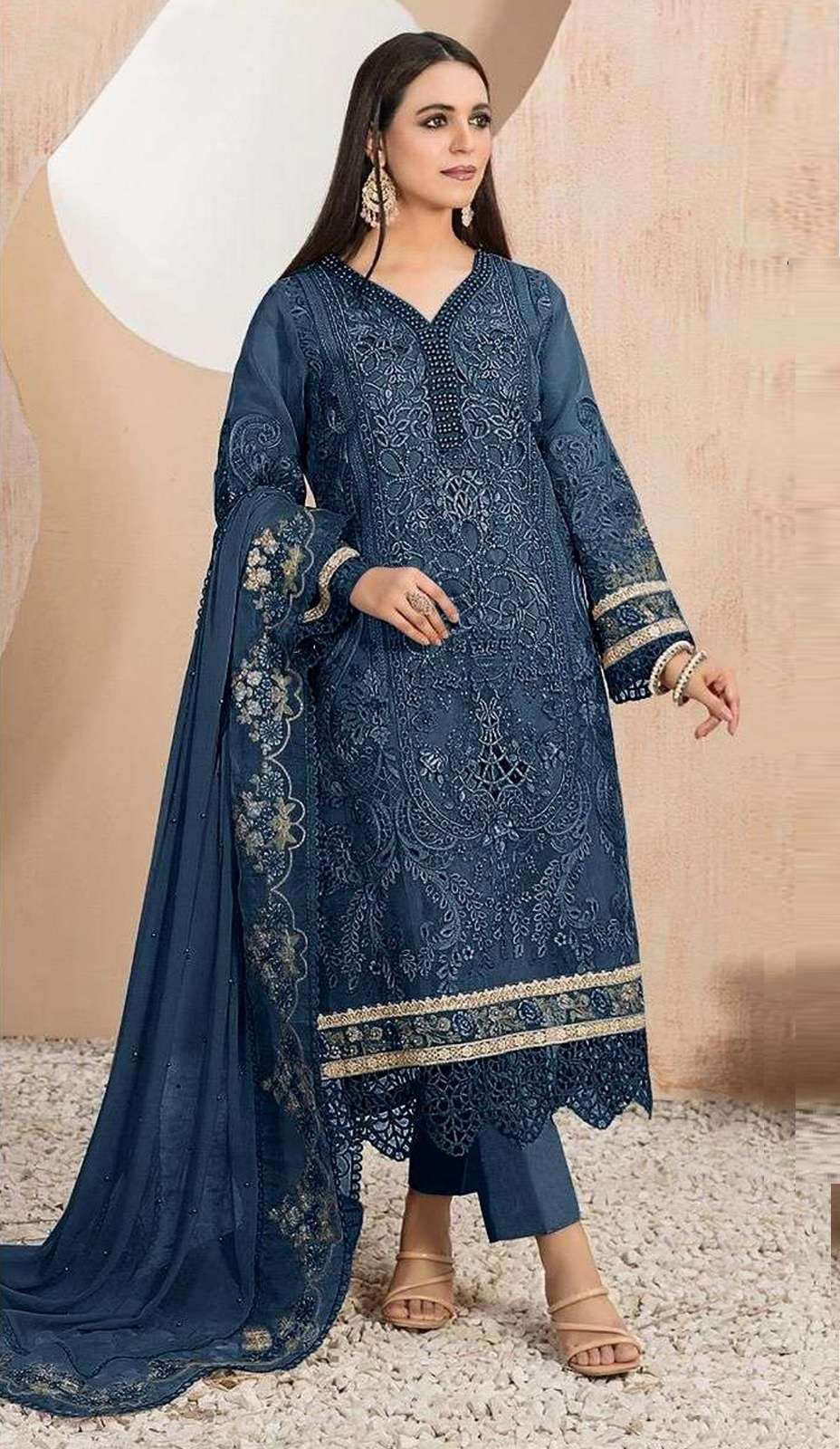 INDIAN DESIGNER FANCY WEDDING PARTY WEAR BLUE ORGANZA PAKISTANI STRAIGHT SALWAR SUIT SRH 1119 D