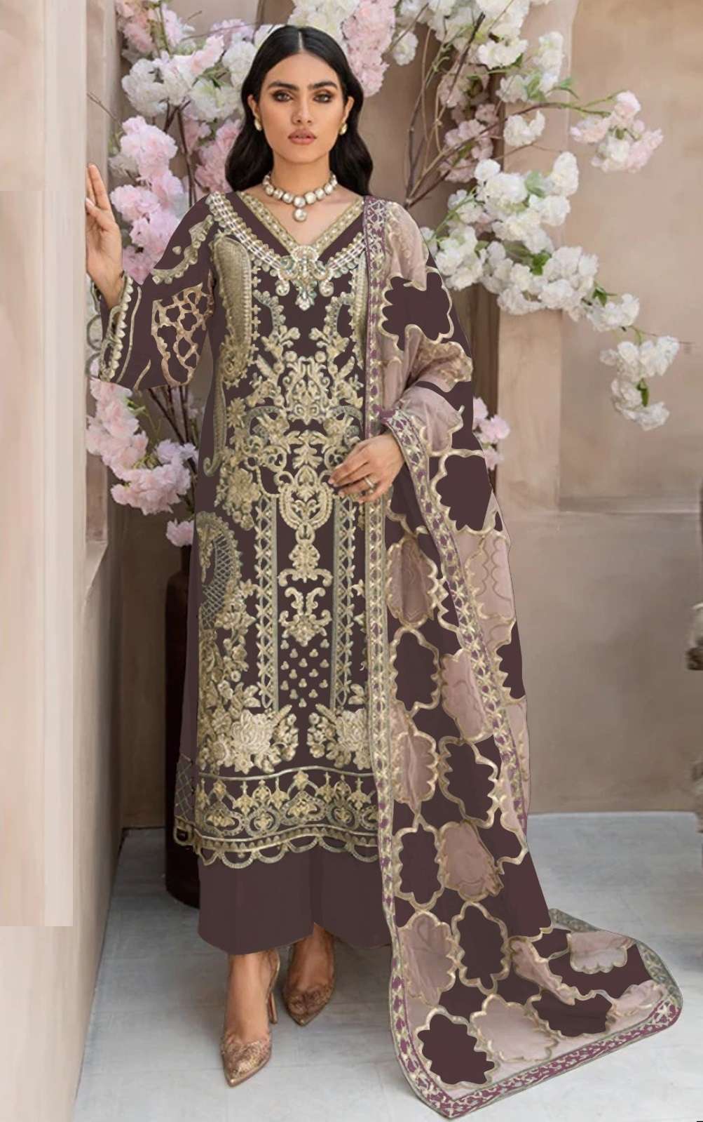 INDIAN DESIGNER FANCY WEDDING PARTY WEAR BROWN ORGANZA PAKISTANI STRAIGHT SALWAR SUIT SRH 1076 F