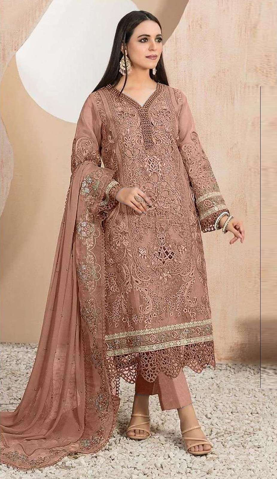 INDIAN DESIGNER FANCY WEDDING PARTY WEAR BROWN ORGANZA PAKISTANI STRAIGHT SALWAR SUIT SRH 1119 A